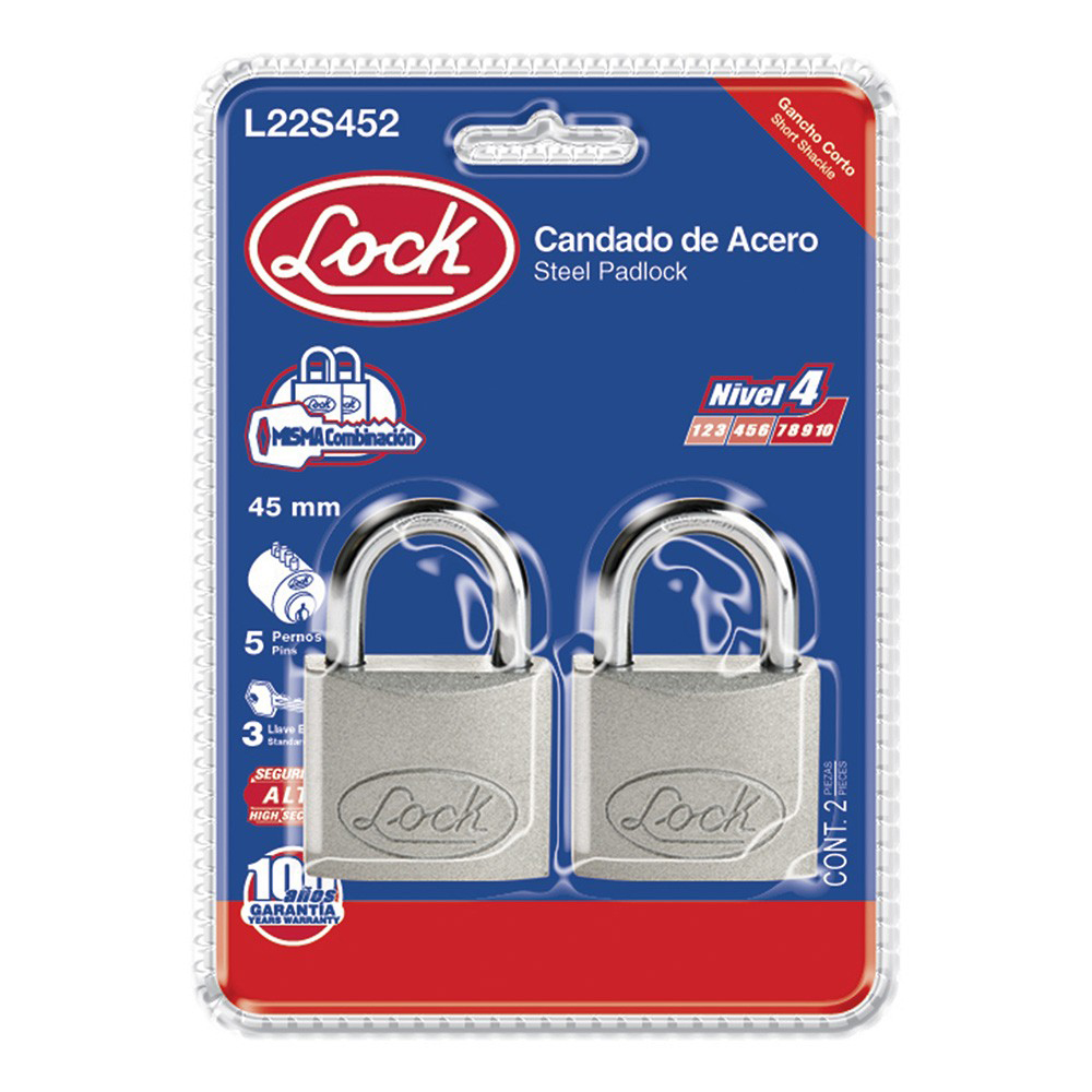 [L22S452] CANDADO ACERO CORTO/LLAVE 2PZS LOCK