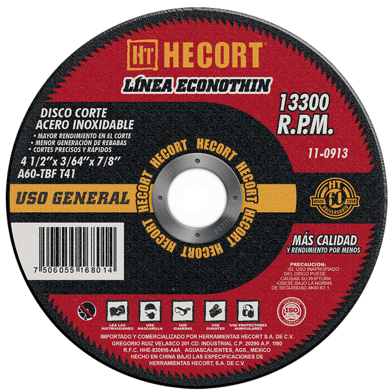 [11-0913] DISCO CORTE INOX HECORT 4 1/2 X 3/64