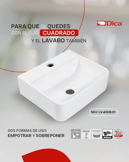 LAVABO CUADRADO DE SOBREPONER 1 TALADRO DICA